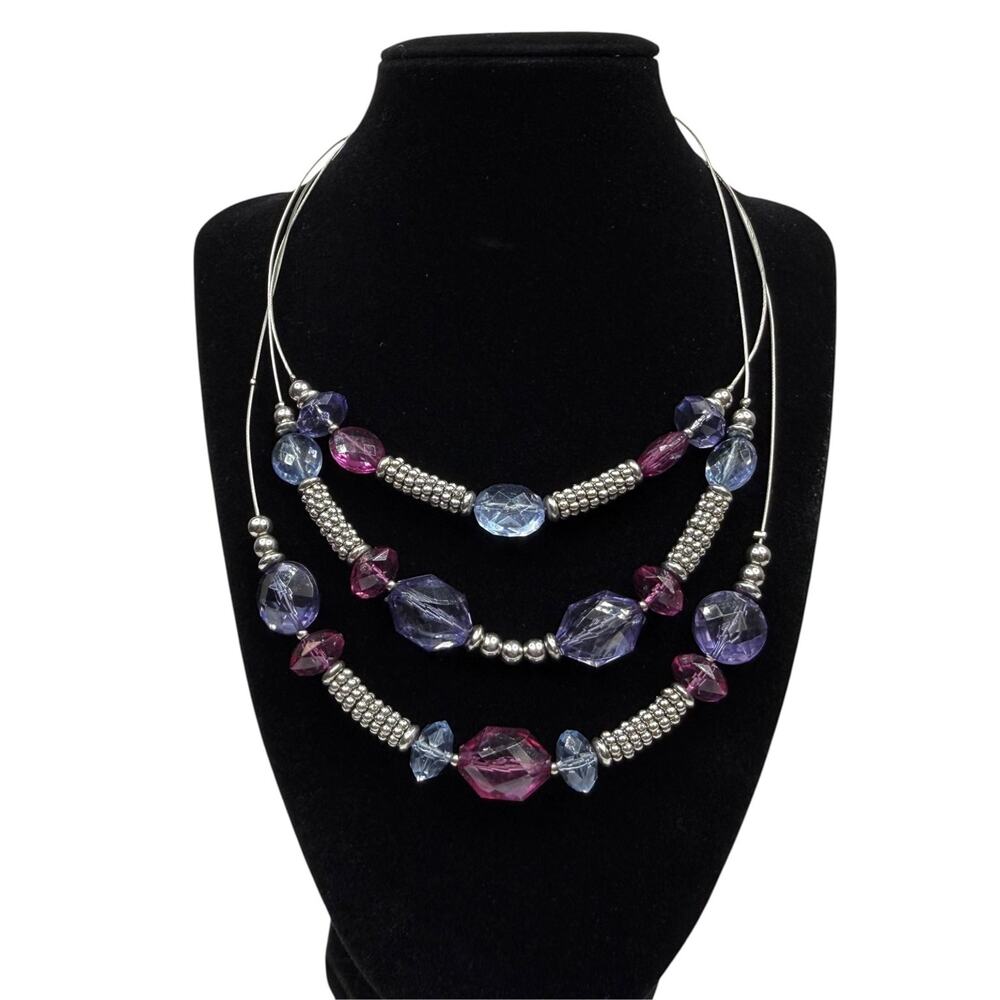 Napier Multi-Strand Silver Tone Beaded Necklace Purple Pink Blue Jewelry 16 in
